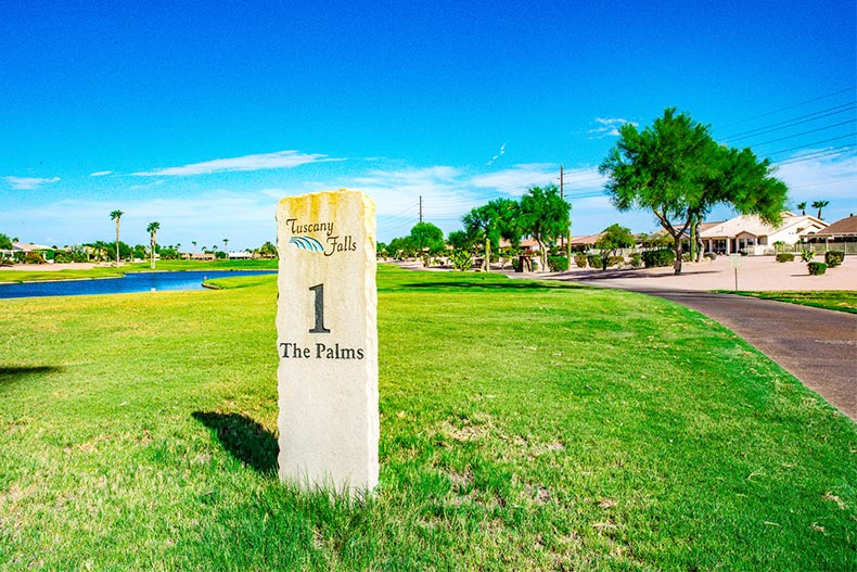 Stone marker for the first hole on the golf course at PebbleCreek in Goodyear, Arizona