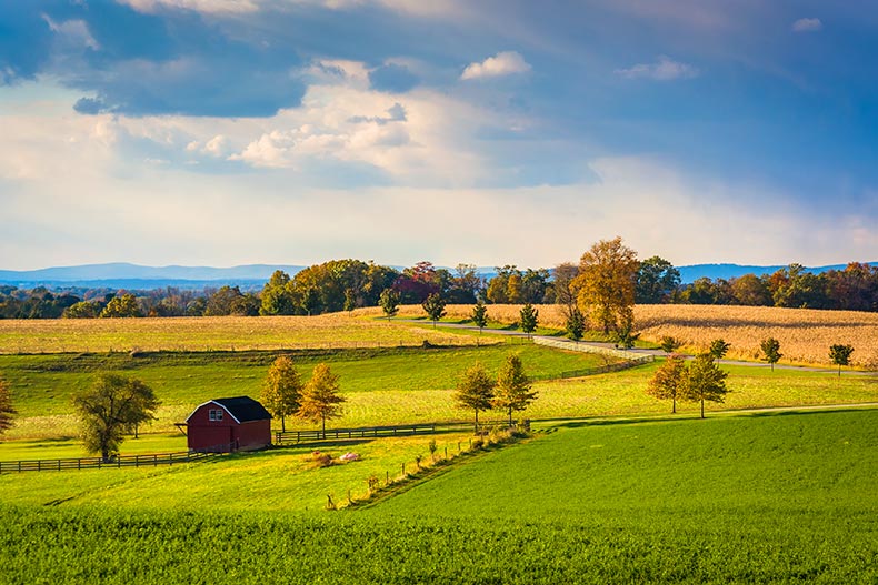 View of farm fields and hills in rural York County, Pennsylvania