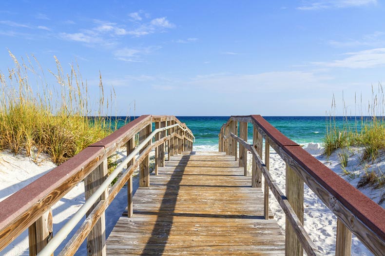 A boardwalk leading to the Gulf of Mexico on the western end of Pensacola Beach in Florida