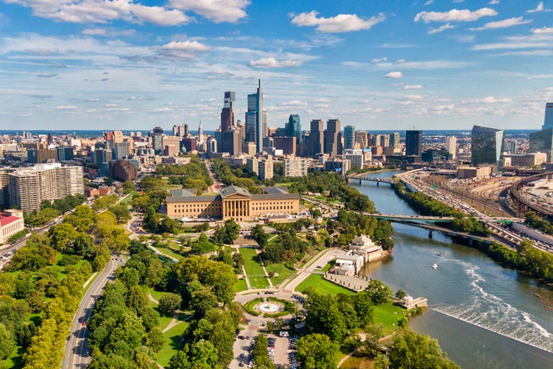Aerial view of the Philadelphia skyline during the day
