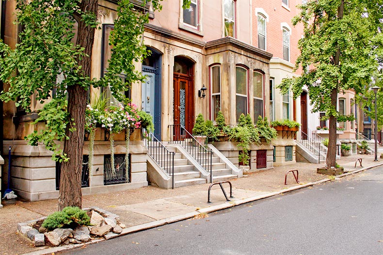 Apartments along a tree-lined street in Center City, Philadelphia, Pennsylvania