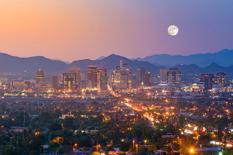 Aerial view of Phoenix, Arizona at twilight