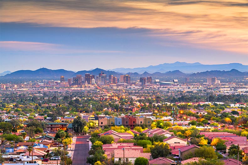 Aerial view of Downtown Phoenix in Arizona at dusk