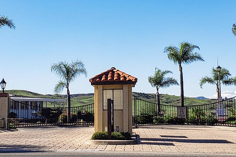 The gated entrance to Pilgrim Creek Estates in Oceanside, California