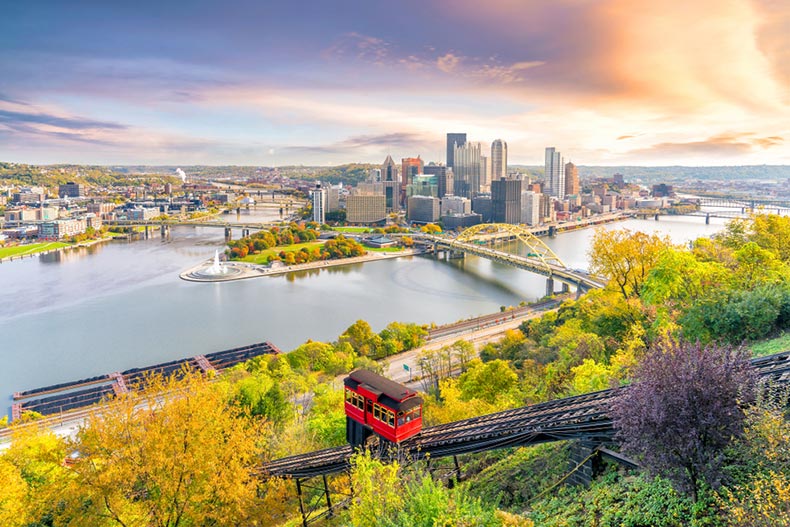 View of the downtown skyline of Pittsburgh, Pennsylvania at sunset