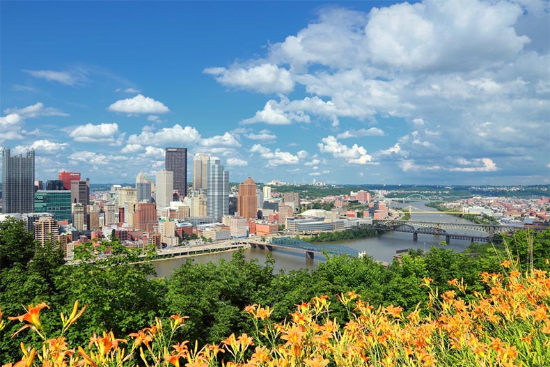 The skyline of Pittsburgh, Pennsylvania with the Allegheny and Monongahela Rivers