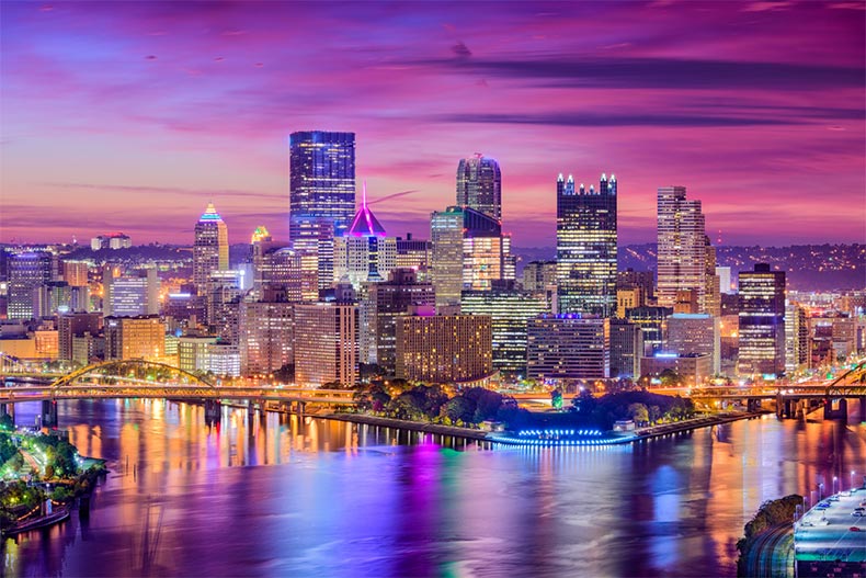 View of the skyline of Pittsburgh, Pennsylvania at sunset