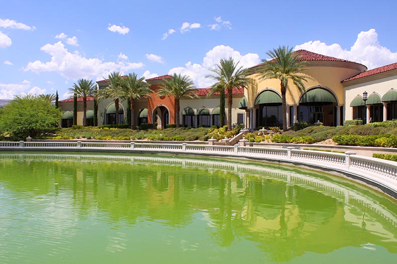 Community buildings beside a pond at Siena in Las Vegas, Nevada