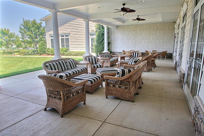 Lounge chairs on the patio outside the clubhouse at Potomac Green in Ashburn, Virginia.