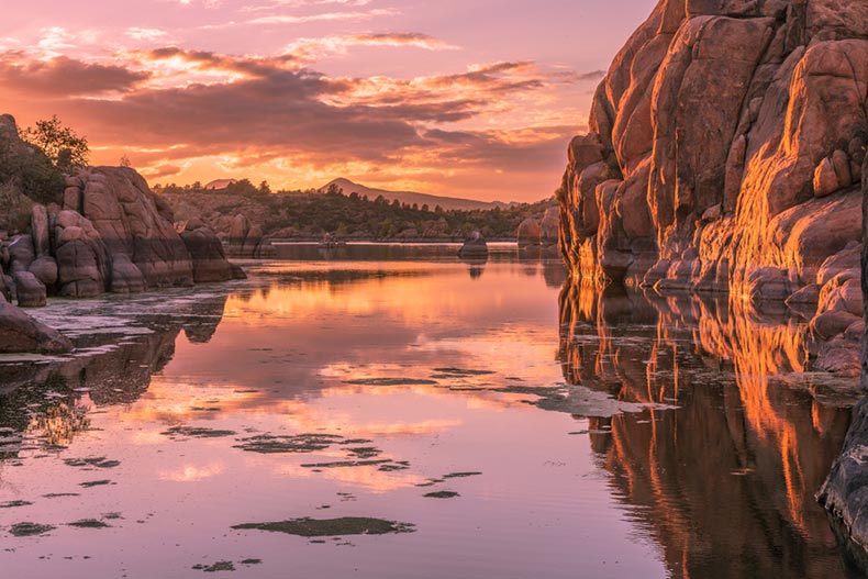 A sunset over Watson Lake in Prescott, Arizona