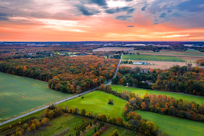 Aerial view of a sunrise over Princeton, New Jersey