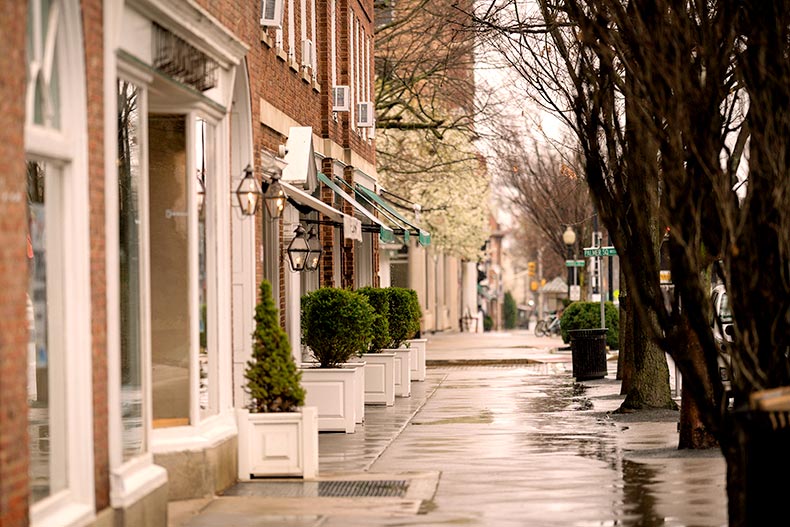 A shop-lined street in Princeton, New Jersey damp with rain