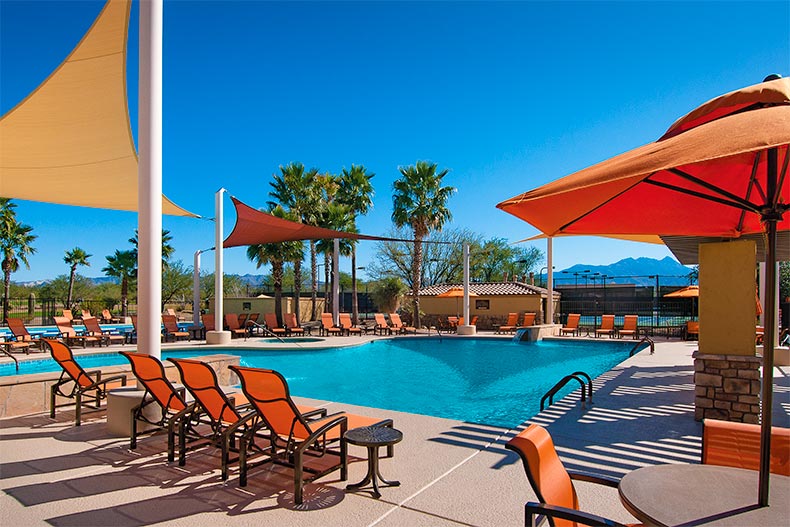 Resort-style pool and patio on clear day at Quail Creek in Green Valley, AZ