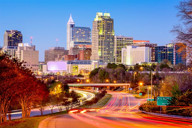 Sunset over the city skyline in Raleigh, North Carolina