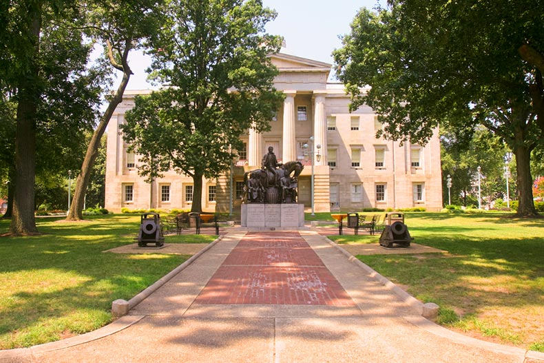Exterior view of the North Carolina State Capitol building on a sunny day