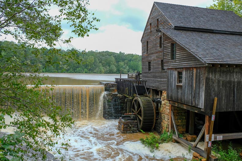View of the old gristmill at Historic Yates Mill County Park near Raleigh, North Carolina