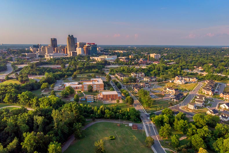 Aerial view of Downtown Raleigh, North Carolina on a sunny day