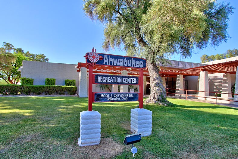 Exterior view of the recreation center at Ahwatukee Retirement Village in Phoenix, Arizona