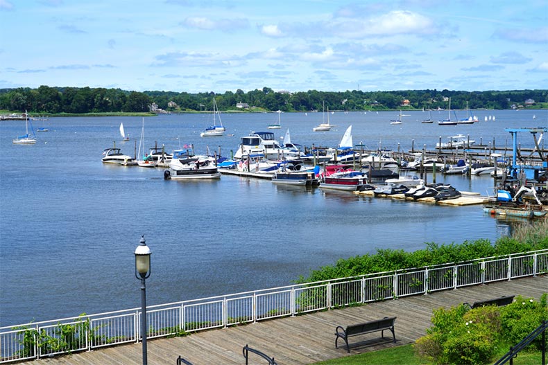 Boats in the water at the Red Bank Marina on the Navesink River in Red Bank, New Jersey