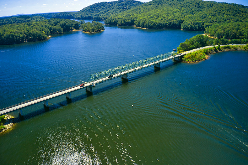 Aerial view of the Bethany Bridge over a lake in Red Top Mountain State Park, Georgia