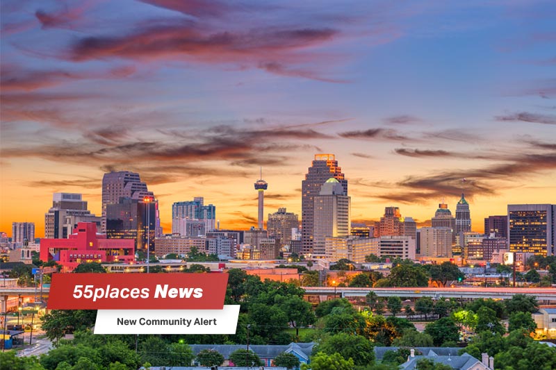 San Antonio, Texas skyline at dusk with 55places News banner overlay and New Community Alert text.