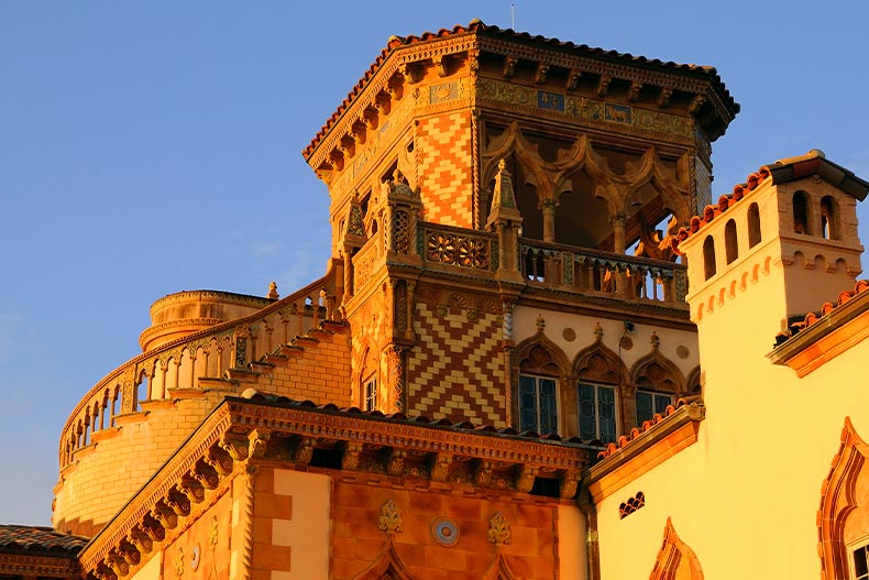 The Venetian Gothic rooftop of the Ringling Museum of Art with intricate designs located in Sarasota, Florida