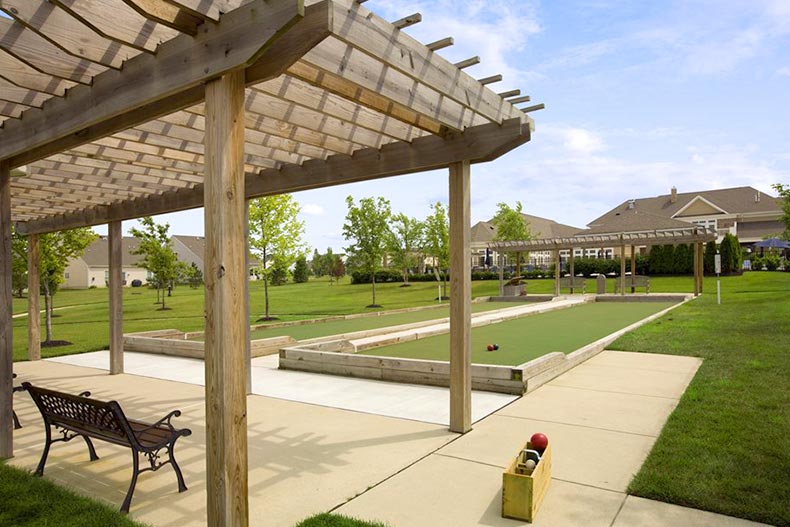 The outdoor bocce ball courts at River Pointe in Manchester, New Jersey