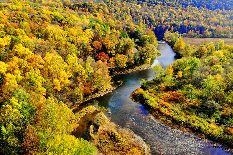 The aerial view of the fall foliage by the river near Tunkhannock, Pennsylvania
