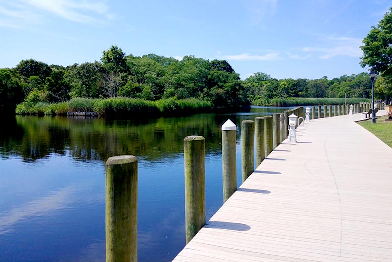 View of the Peconic River waterfront in Downtown Riverhead, New York