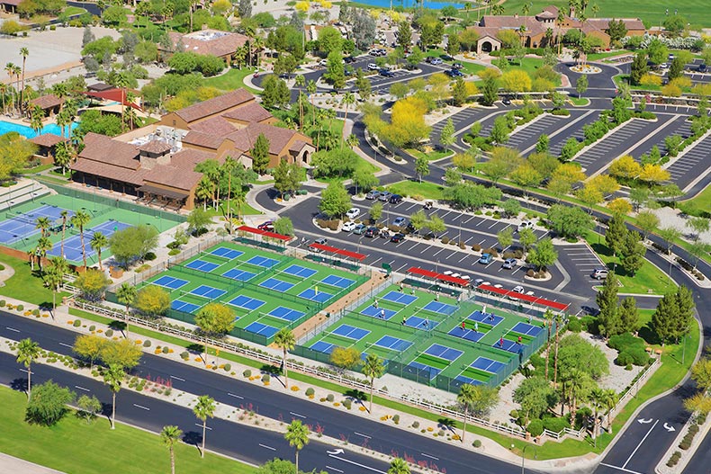 Aerial view fo the pickleball courts at Robson Ranch in Eloy, Arizona