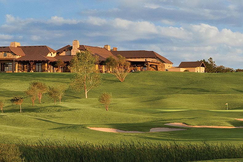 The golf course outside the clubhouse at Robson Ranch in Denton, Texas