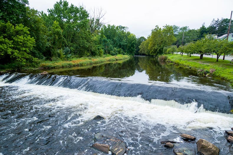 A short waterfall in a small river in Rockaway, New Jersey