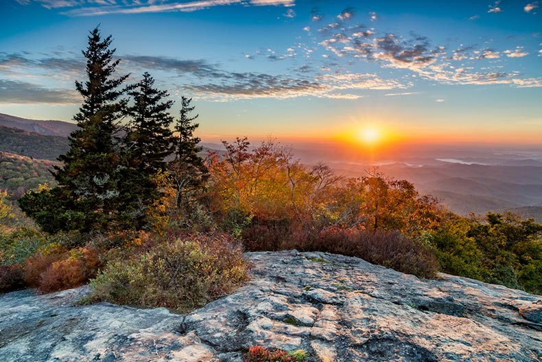 A picturesque sunset over a rocky outcropping in North Carolina