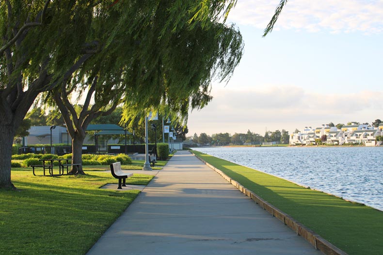 A bench beside the water at Ryan Park in Foster City, California