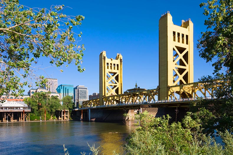 View of the Tower Bridge in Downtown Sacramento on a sunny day