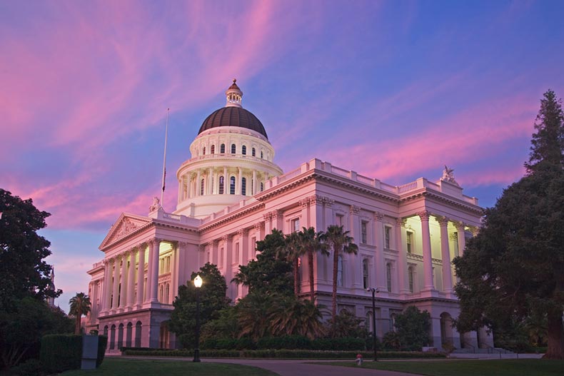 Exterior view at dawn of the capitol building in Sacramento, California