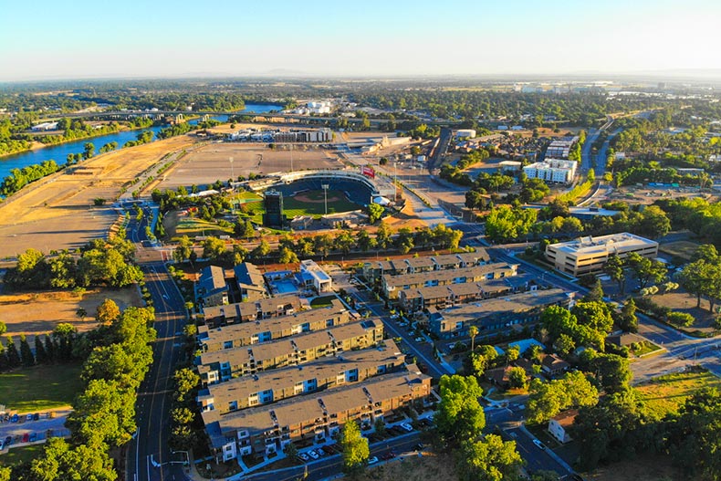 Aerial view of West Sacramento, California on a sunny day