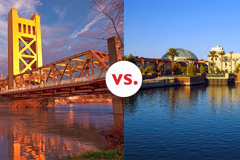 Photos of Sacramento and Stockton with a "vs." between them