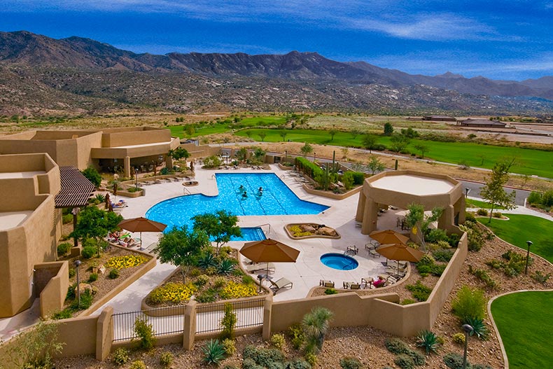 Aerial view of the outdoor pool and patio at SaddleBrooke in Tucson, Arizona