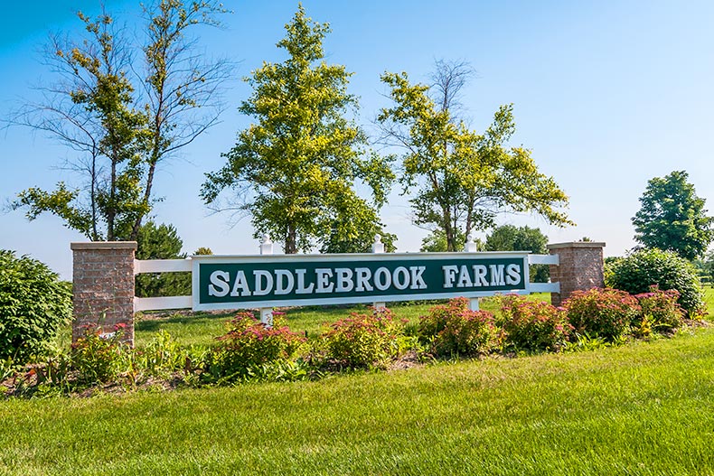 Trees and greenery surrounding the community sign for Saddlebrook Farms in Grayslake, Illinois
