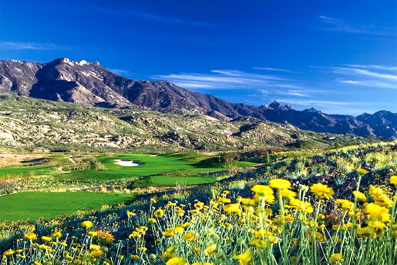 Golf course nestled among mountains at SaddleBrooke in Tucson
