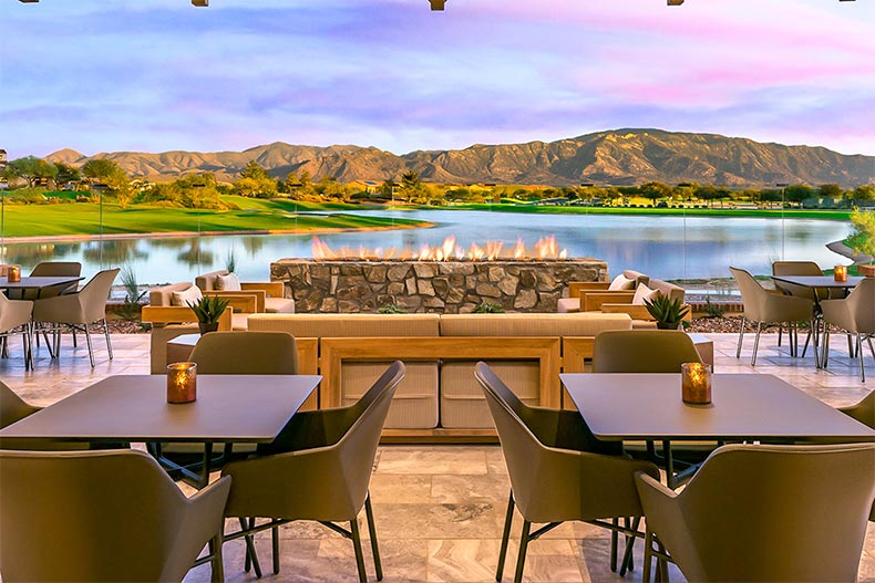 An outdoor dining area at SaddleBrooke Ranch in Oracle, Arizona