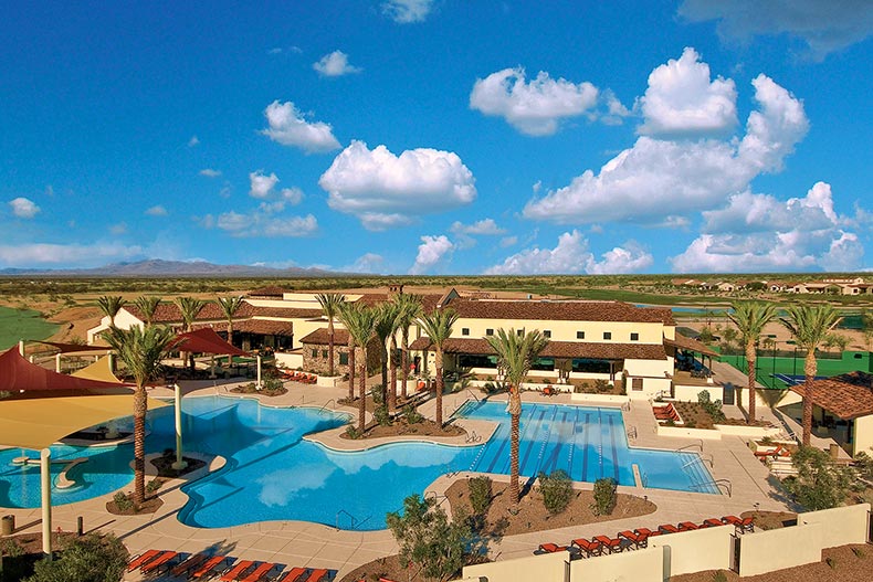 Aerial view of the resort-style pool and clubhouse at SaddleBrooke Ranch in Oracle, Arizona
