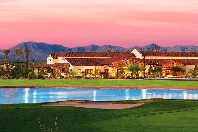 Exterior view of the Hacienda Club in SaddleBrooke Ranch in Oracle, Arizona at sunset