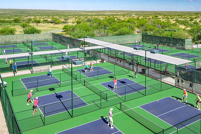 Aerial view of the pickleball courts at SaddleBrooke Ranch in Oracle, Arizona