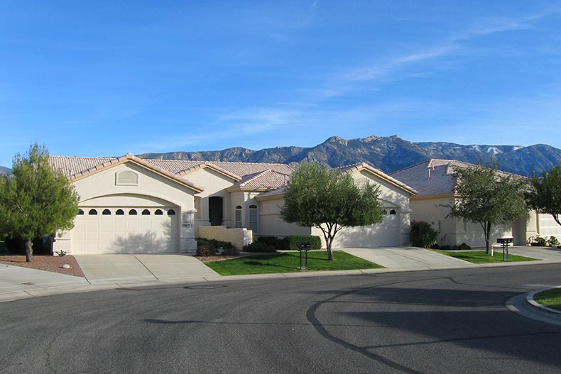 Exterior view of homes on a street in SaddleBrooke Ranch in Oracle, Arizona