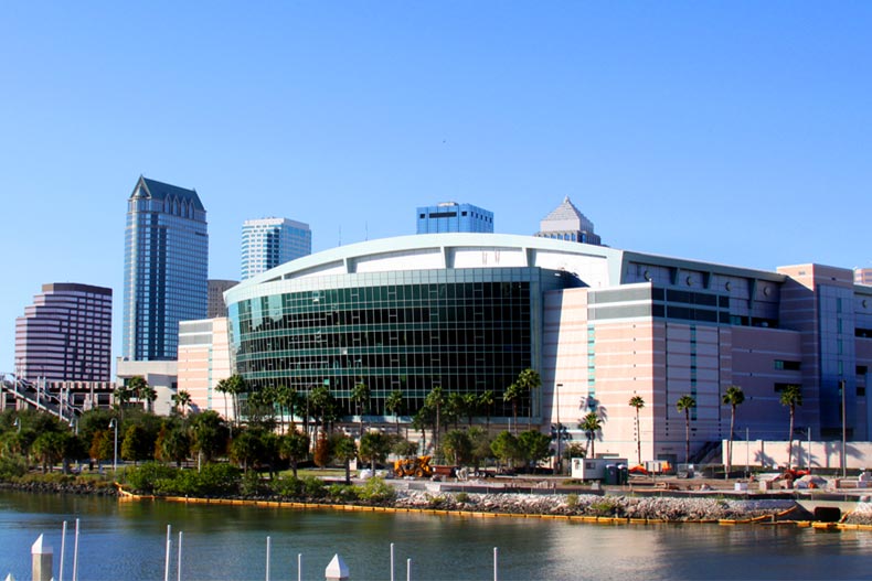 View across the water of the AMALIE Arena in Tampa, Florida