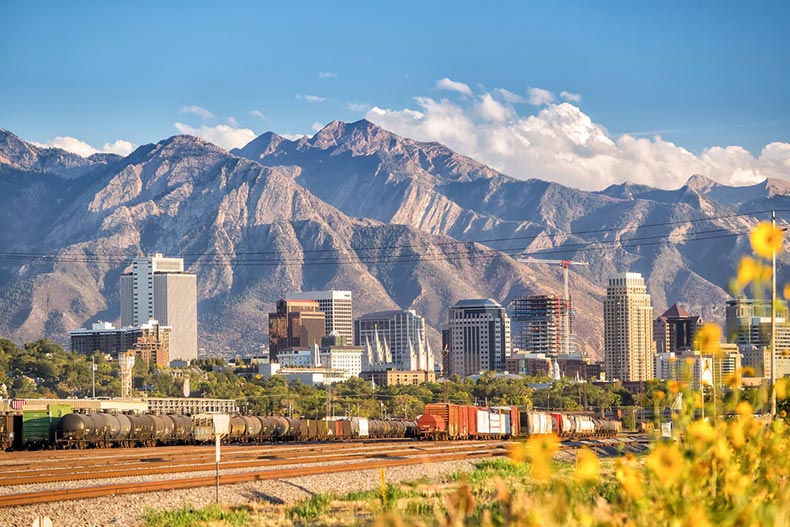 Mountains behind the downtown Salt Lake City skyline in Utah