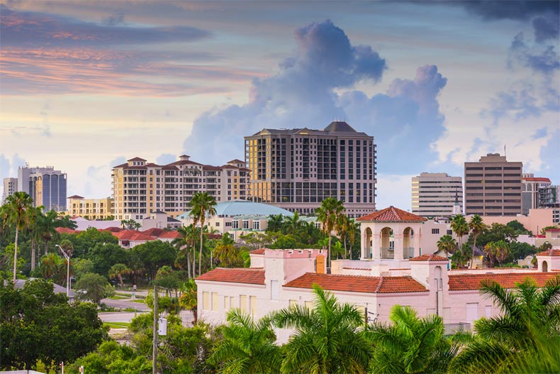 View of the downtown skyline in Sarasota, Florida at twilight