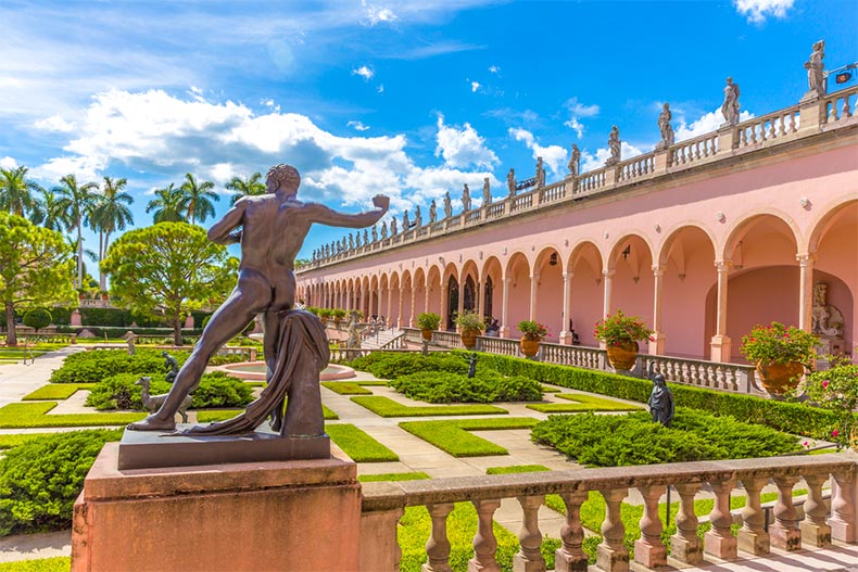 View of an outdoor courtyard and statues in the Sarasota-Bradenton area in Florida.